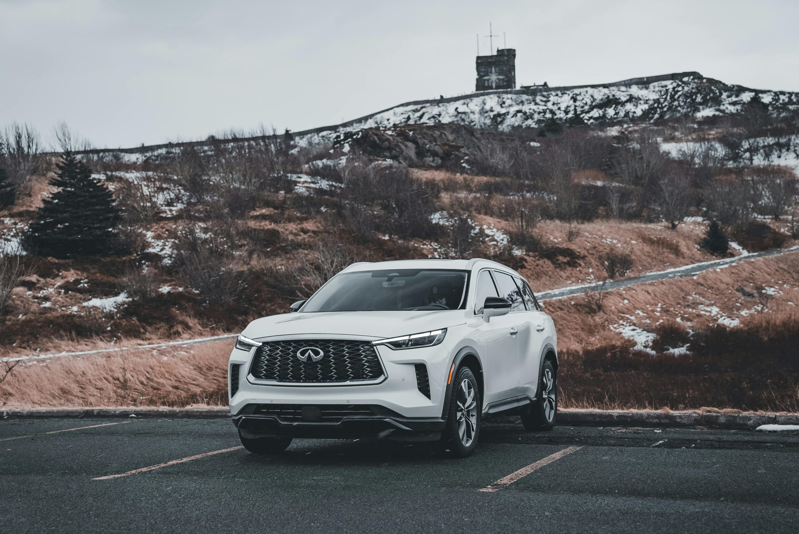 A stylish white SUV parked against a scenic snowy mountain backdrop with overcast skies.